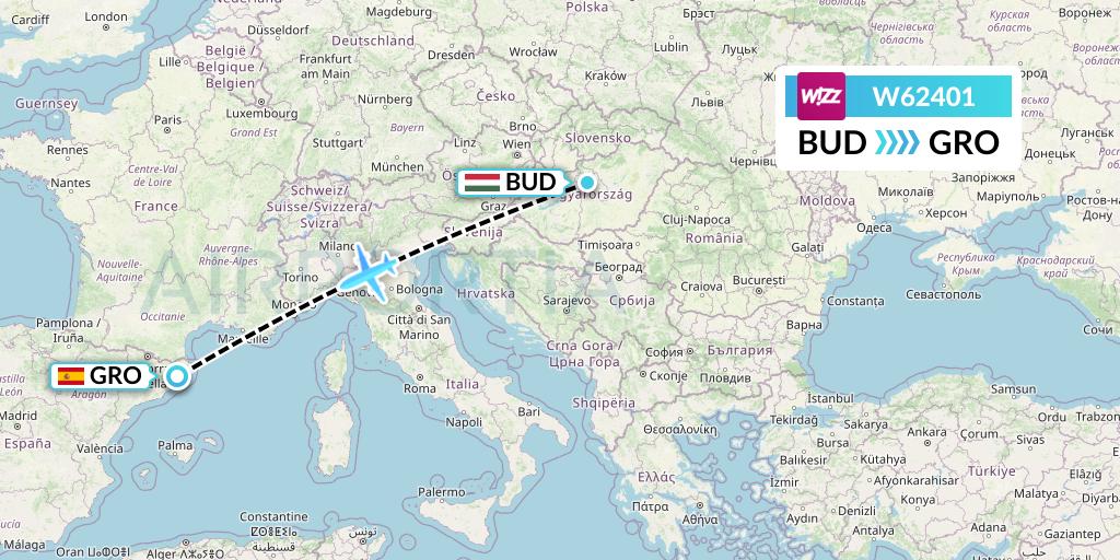 W62401 Wizz Air Flight Map: Budapest to Girona