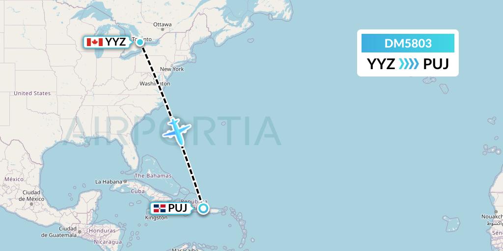 DM5803 Arajet Flight Map: Toronto to Punta Cana
