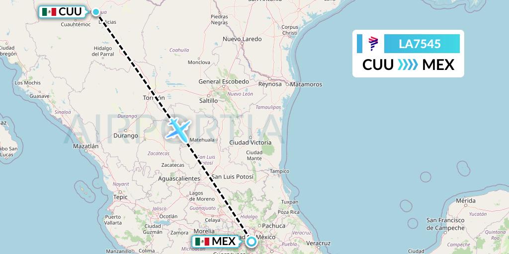 LA7545 LAN Airlines Flight Map: Chihuahua to Mexico City