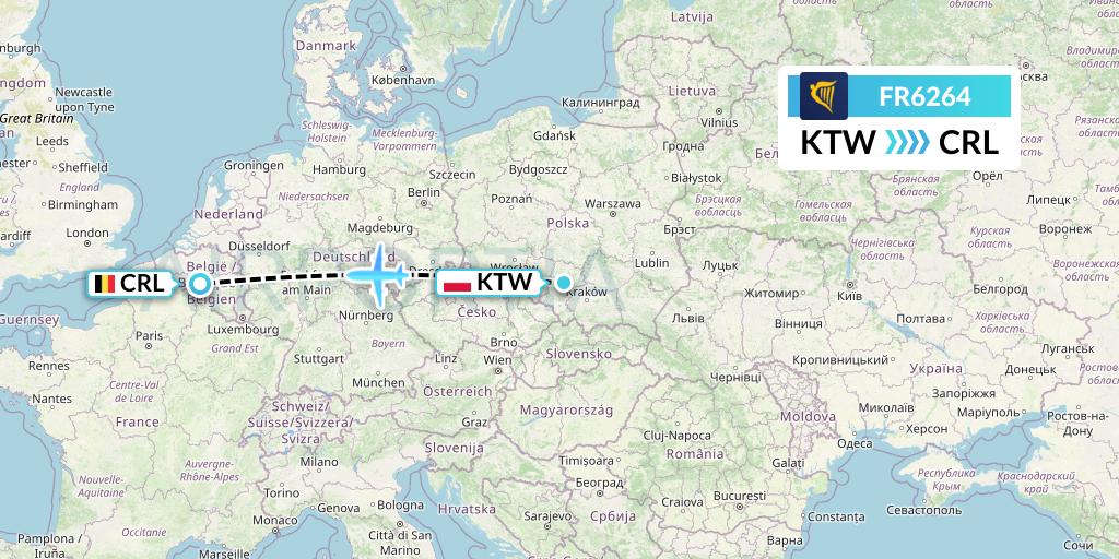 FR6264 Ryanair Flight Map: Katowice to Brussels