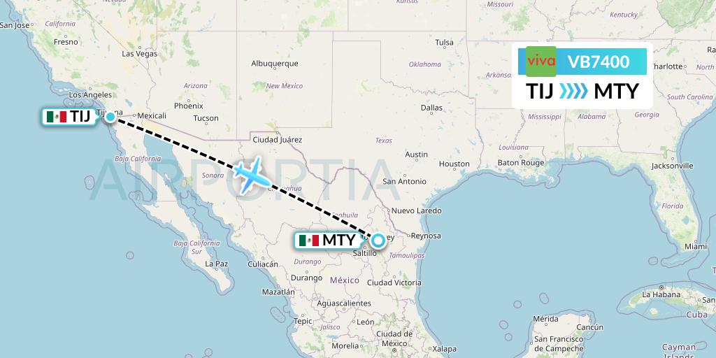 VB7400 VivaAerobus Flight Map: Tijuana to Monterrey