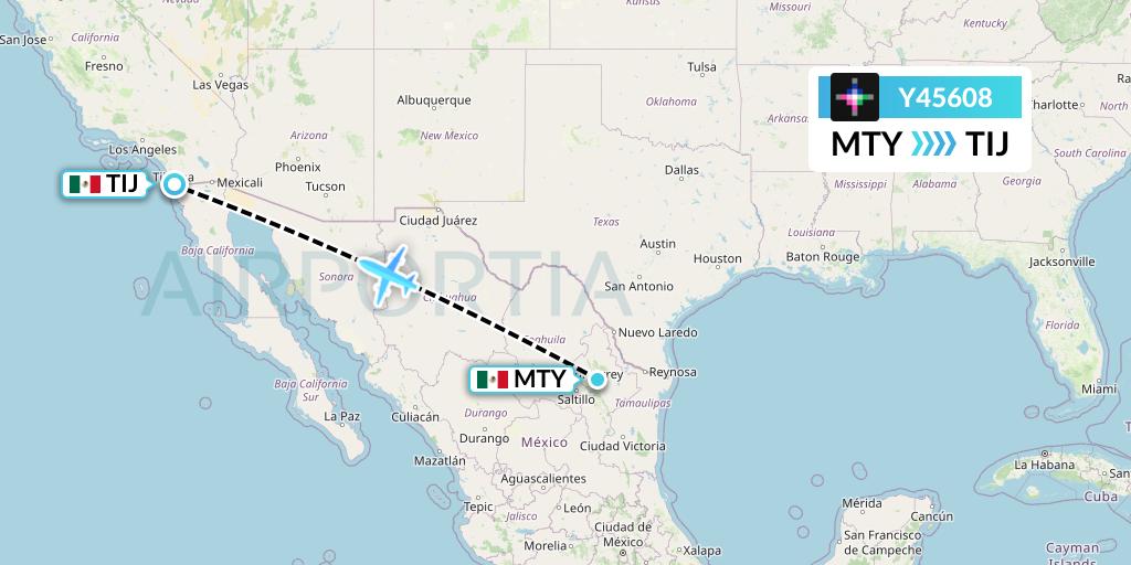 Y45608 Volaris Flight Map: Monterrey to Tijuana