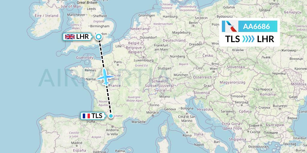 AA6686 American Airlines Flight Map: Toulouse to London