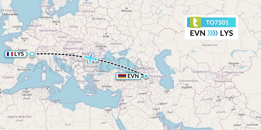 TO7501 Transavia France Flight Map: Yerevan to Lyon