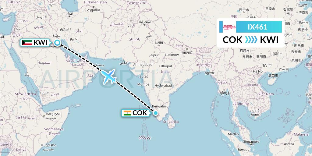 IX461 Air India Express Flight Map: Cochin to Kuwait City