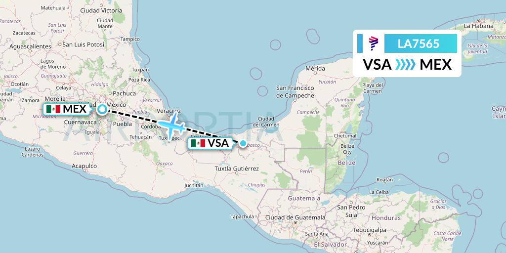 LA7565 LAN Airlines Flight Map: Villahermosa to Mexico City