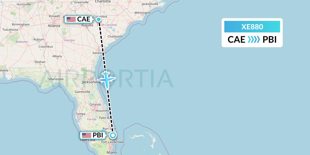XE880 Jsx Flight Map: Columbia to West Palm Beach