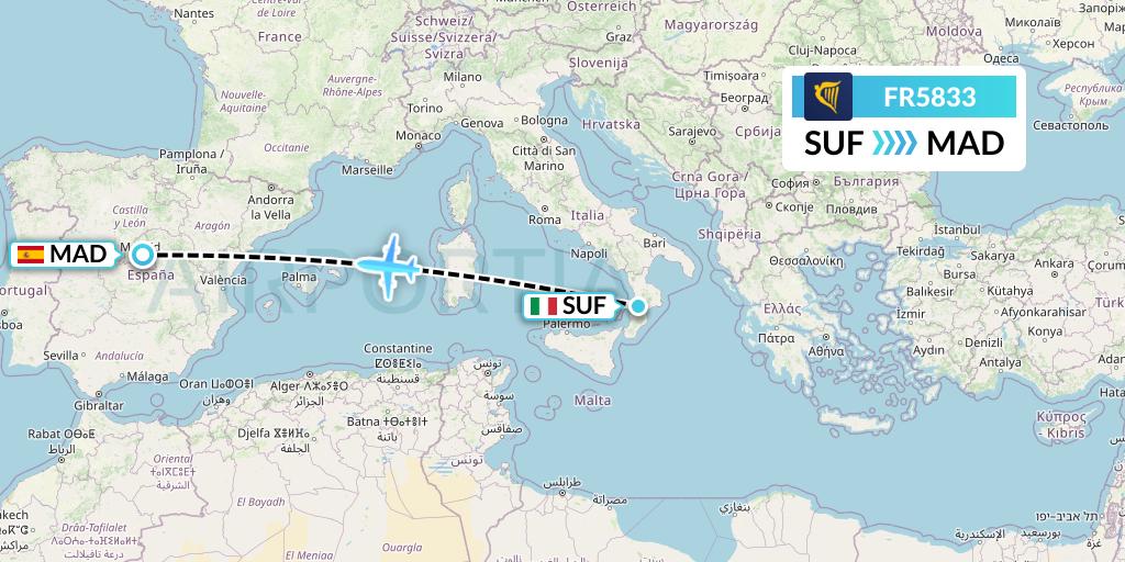 FR5833 Ryanair Flight Map: Lamezia Terme to Madrid