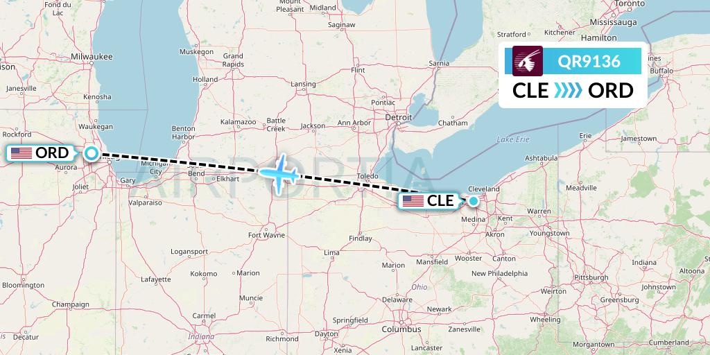 QR9136 Qatar Airways Flight Map: Cleveland to Chicago