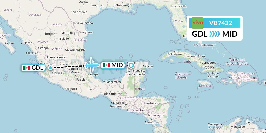 VB7432 VivaAerobus Flight Map: Guadalajara to Merida