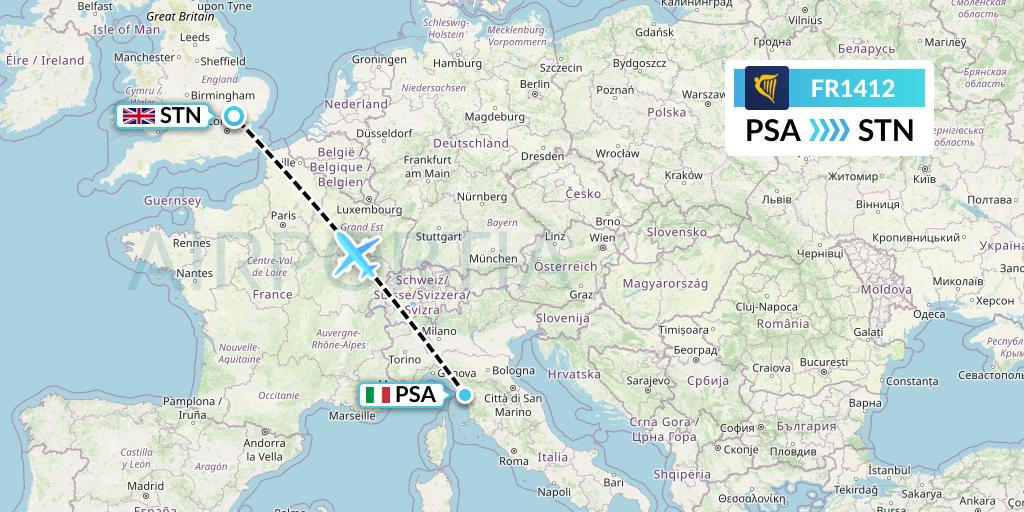 FR1412 Ryanair Flight Map: Pisa to London