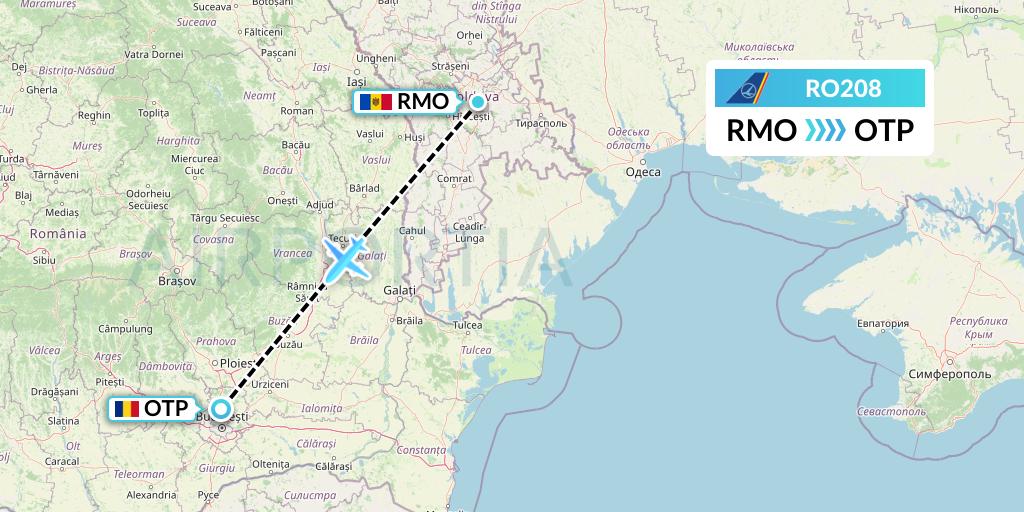 RO208 Tarom Flight Map: Chisinau to Bucharest
