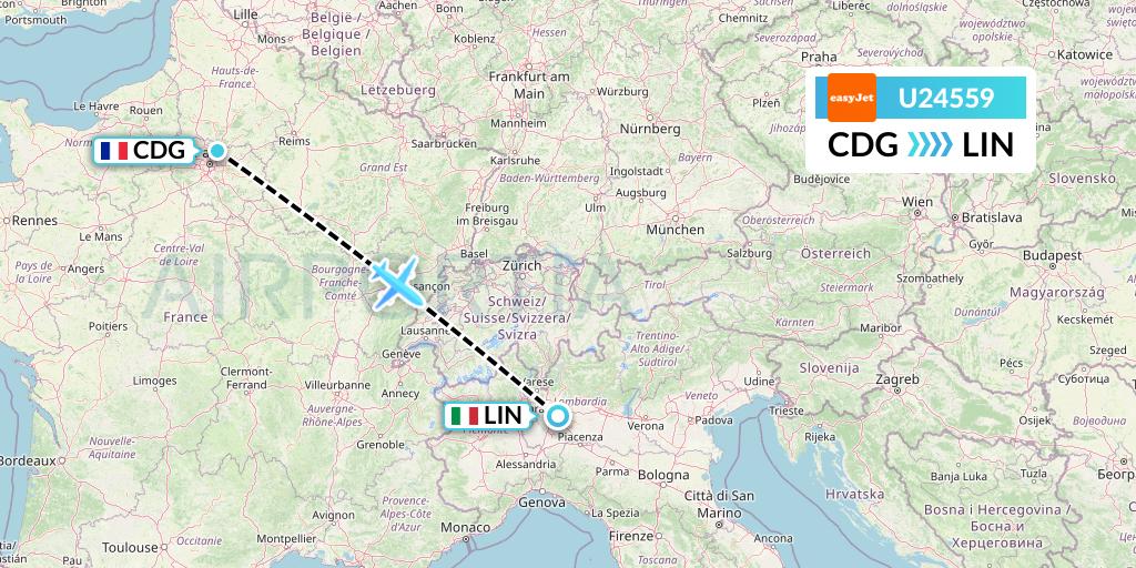 U24559 EasyJet Flight Map: Paris to Milan