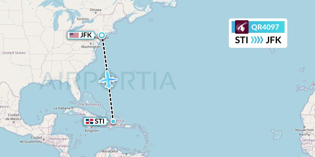 QR4097 Qatar Airways Flight Map: Santiago de los Caballeros to New York