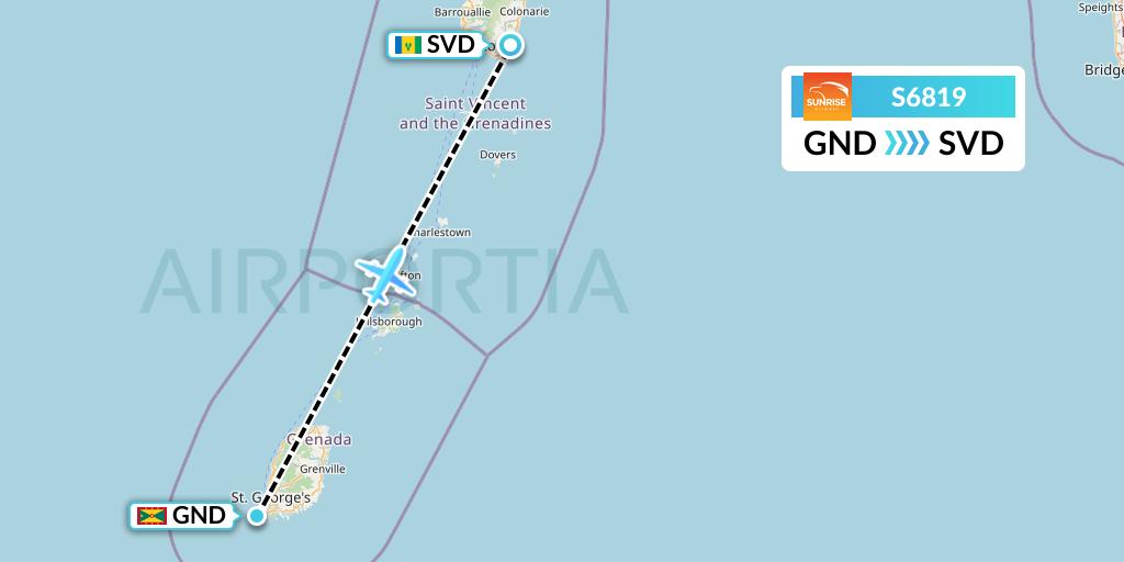 S6819 Sunrise Airways Flight Map: Point Salines to Kingstown