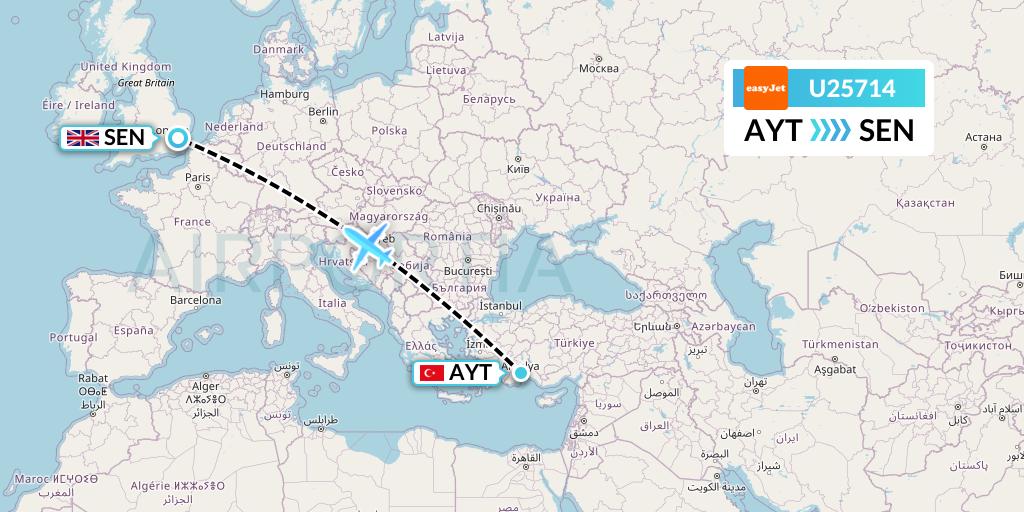U25714 EasyJet Flight Map: Antalya to Southend