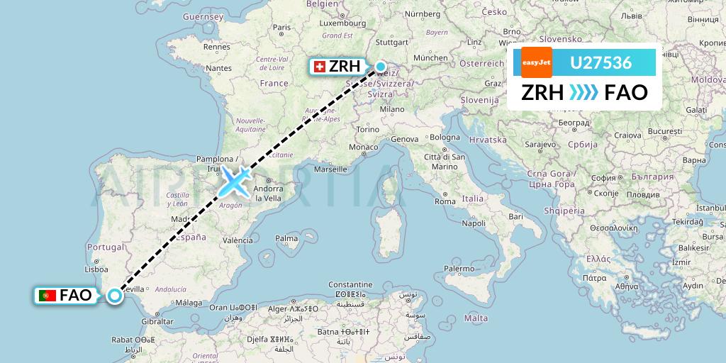 U27536 EasyJet Flight Map: Zurich to Faro