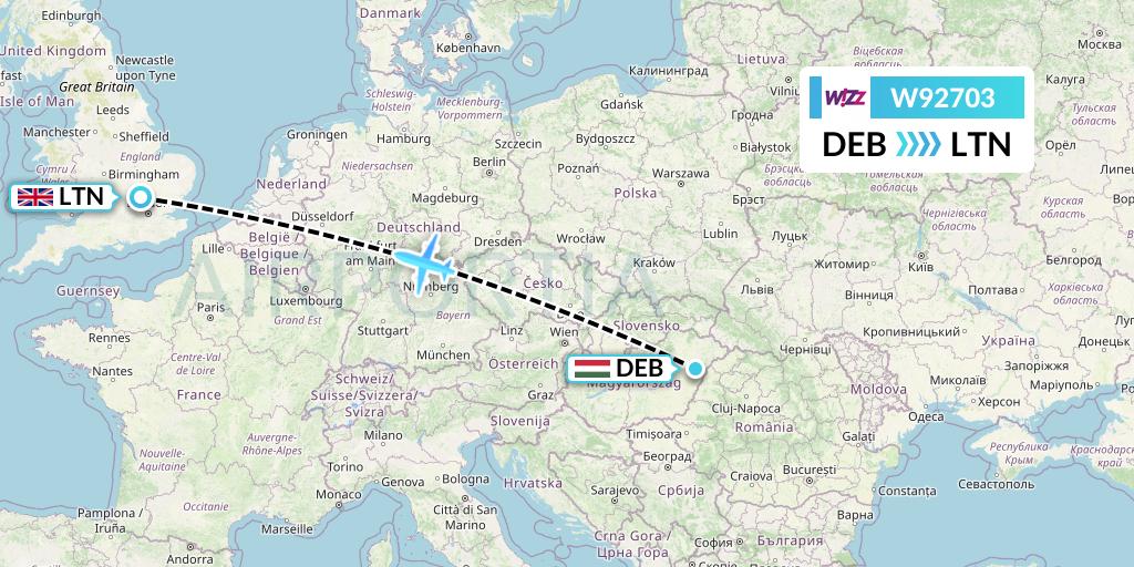 W92703 Wizz Air UK Flight Map: Debrecen to London