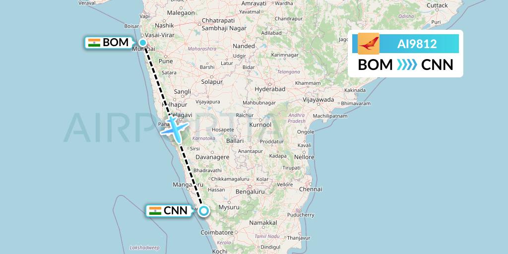 AI9812 Air India Flight Map: Mumbai to Mattannur