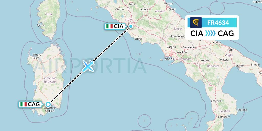 FR4634 Ryanair Flight Map: Rome to Cagliari