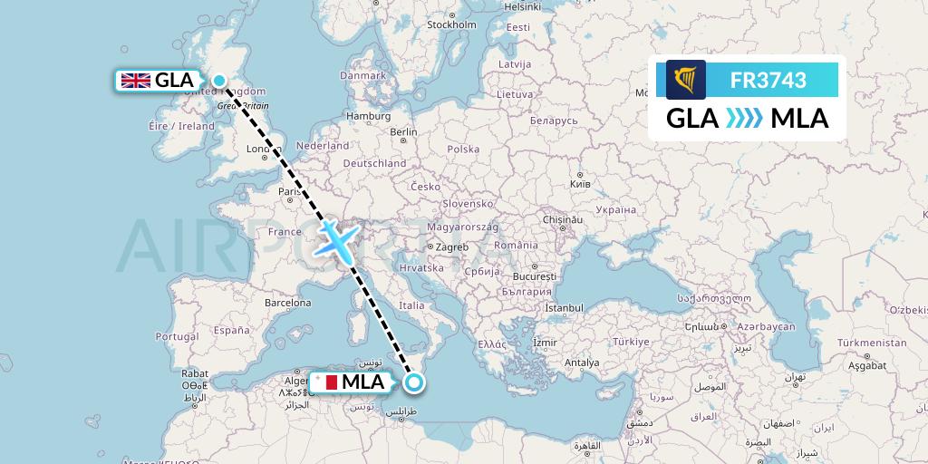 FR3743 Ryanair Flight Map: Glasgow to Malta