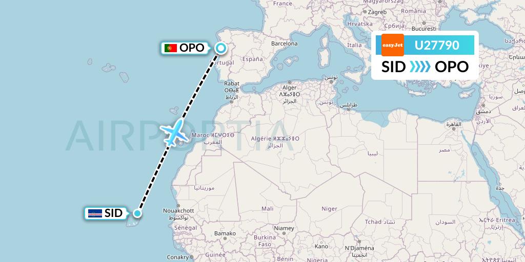 U27790 EasyJet Flight Map: Espargos to Porto