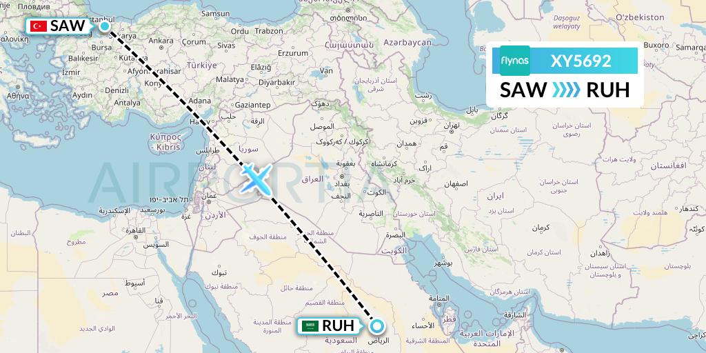 XY5692 Flynas Flight Map: Istanbul to Riyadh