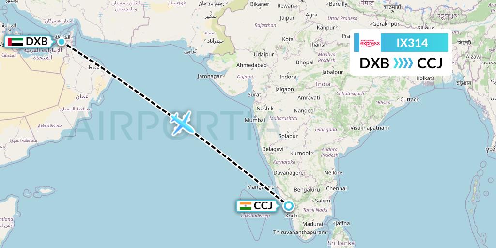 IX314 Air India Express Flight Map: Dubai to Kozhikode