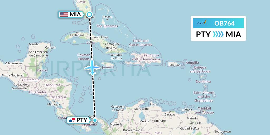 OB764 Boliviana de Aviacion Flight Map: Panama City to Miami