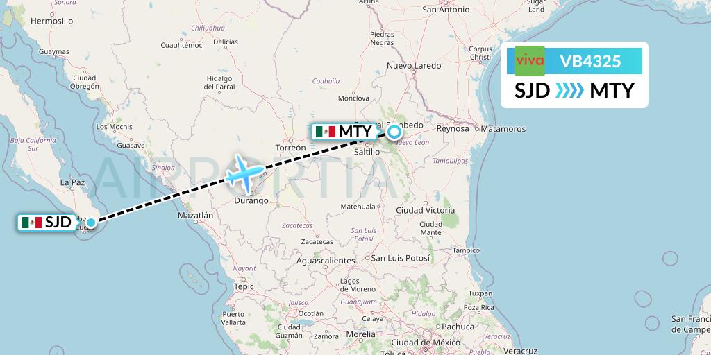 VB4325 VivaAerobus Flight Map: San Jose del Cabo to Monterrey