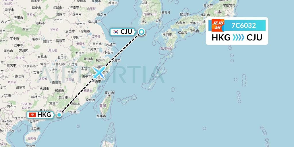 7C6032 Jeju Air Flight Map: Hong Kong to Jeju