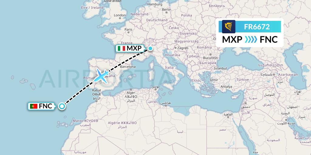 FR6672 Ryanair Flight Map: Milan to Funchal