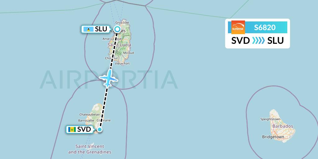S6820 Sunrise Airways Flight Map: Kingstown to Castries