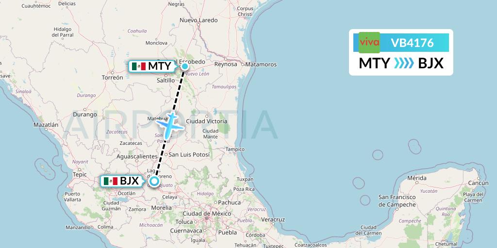 VB4176 VivaAerobus Flight Map: Monterrey to Silao