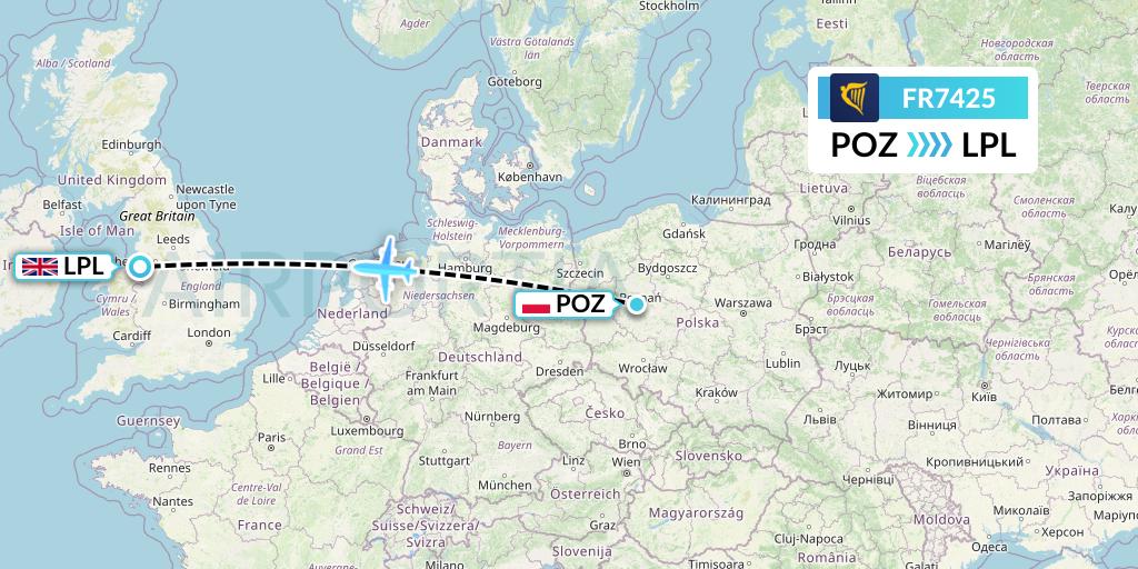 FR7425 Ryanair Flight Map: Poznan to Liverpool