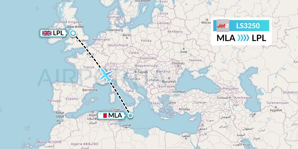 LS3250 Jet2 Flight Map: Malta to Liverpool