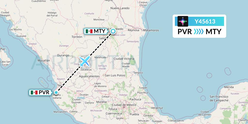 Y45613 Volaris Flight Map: Puerto Vallarta to Monterrey