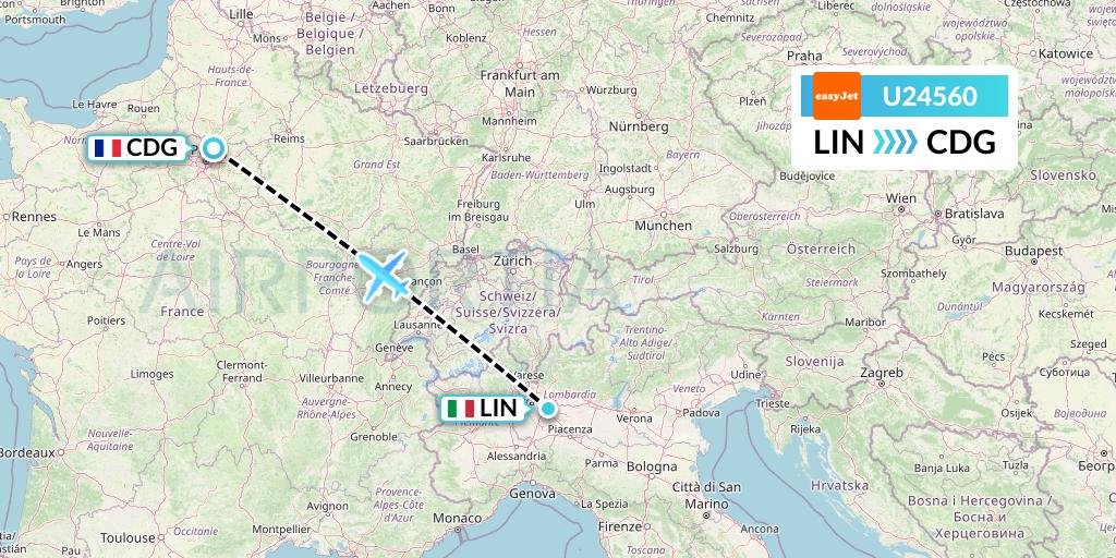 U24560 EasyJet Flight Map: Milan to Paris