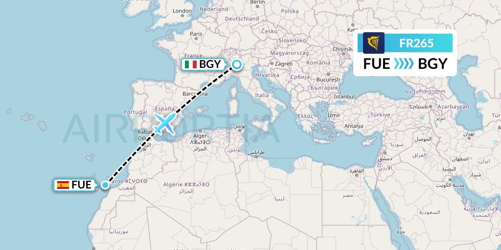 FR265 Ryanair Flight Map: Fuerteventura to Milan
