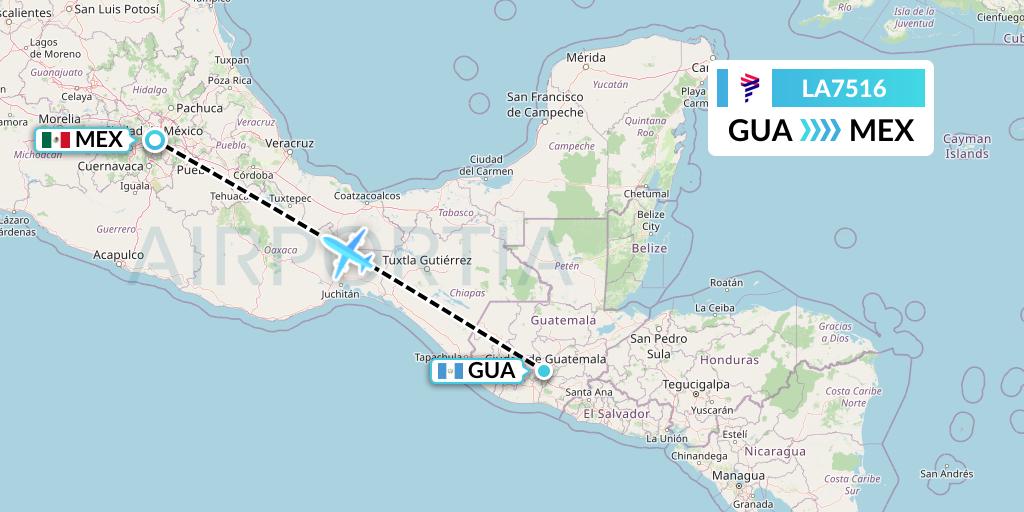 LA7516 LAN Airlines Flight Map: Guatemala City to Mexico City