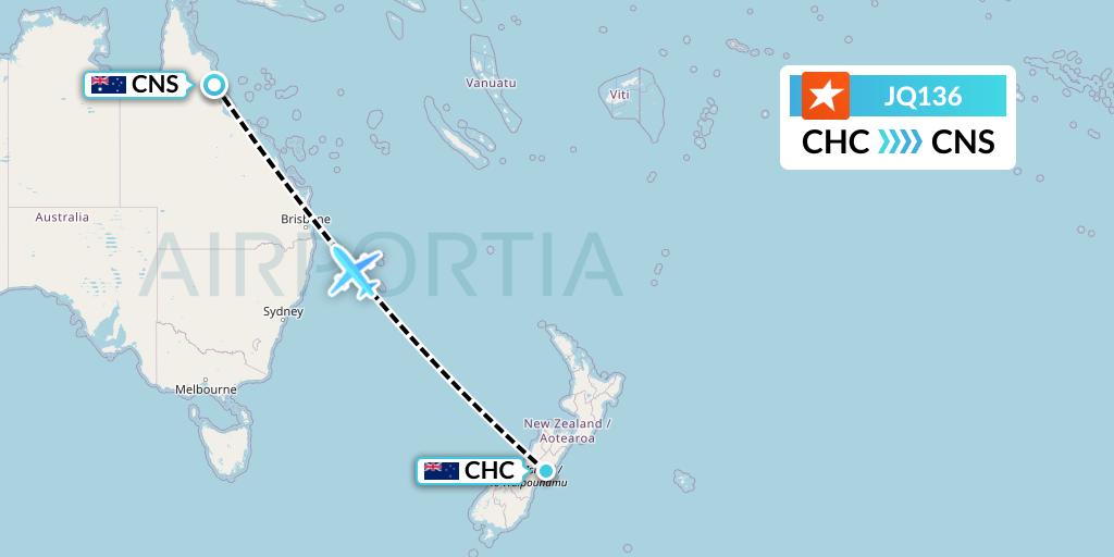 JQ136 Jetstar Airways Flight Map: Christchurch to Cairns