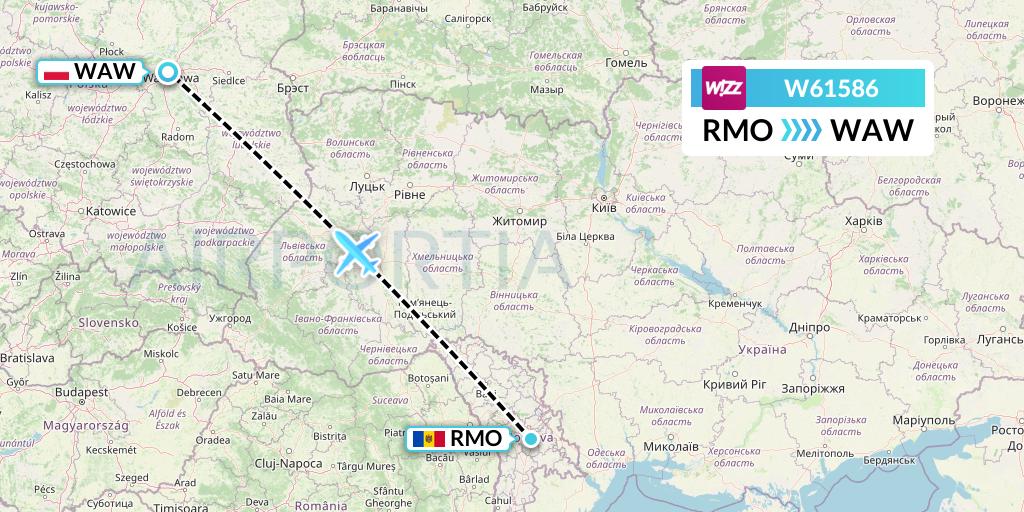 W61586 Wizz Air Flight Map: Chisinau to Warsaw