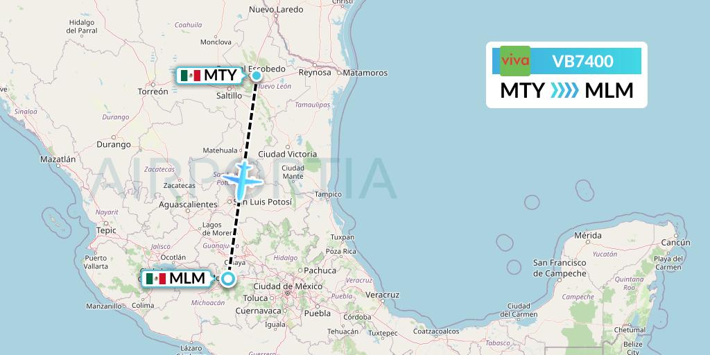 VB7400 VivaAerobus Flight Map: Monterrey to Morelia