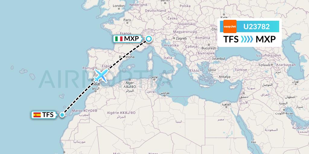 U23782 EasyJet Flight Map: Tenerife to Milan