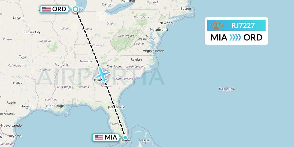 RJ7227 Royal Jordanian Flight Map: Miami to Chicago