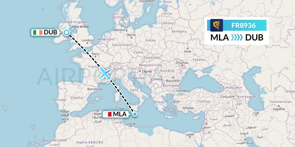 FR8936 Ryanair Flight Map: Malta to Dublin