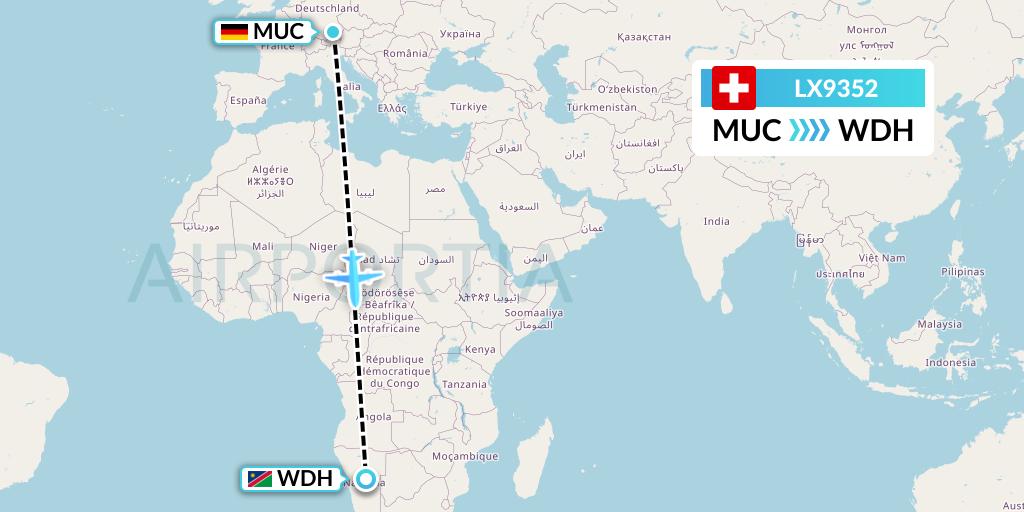 LX9352 Swiss Flight Map: Munich to Windhoek