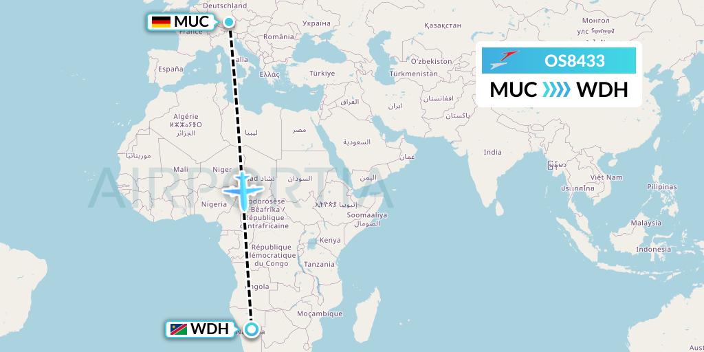 OS8433 Austrian Airlines Flight Map: Munich to Windhoek