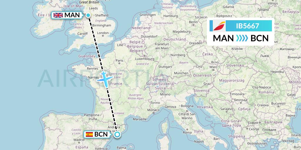 IB5667 Iberia Flight Map: Manchester to Barcelona