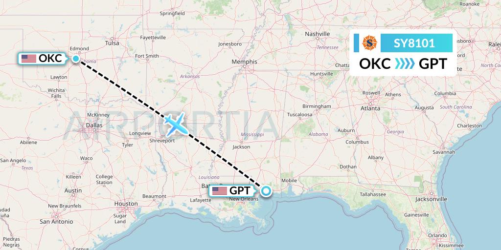 SY8101 Sun Country Airlines Flight Map: Oklahoma City to Gulfport